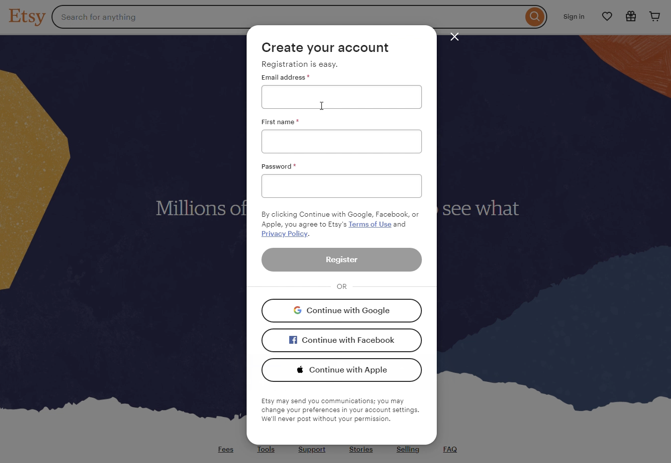 etsy register ekrani